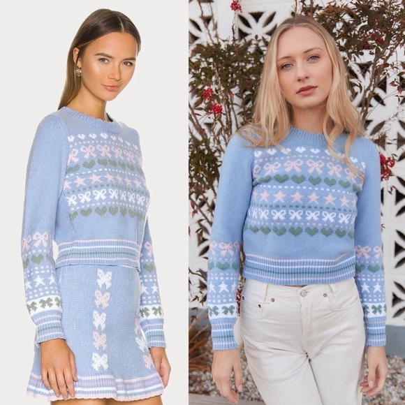 LOVESHACKFANCY 90s Pastel Heart Bow Fair Isle Knit Pullover Cropped Sweater XL - Picture 8 of 16